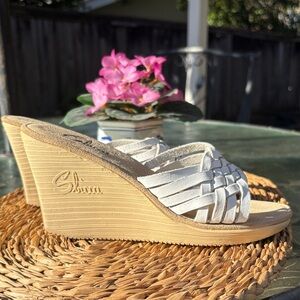 Sbicca White Woven Wedge Sandals Vintage 80s - Size 9